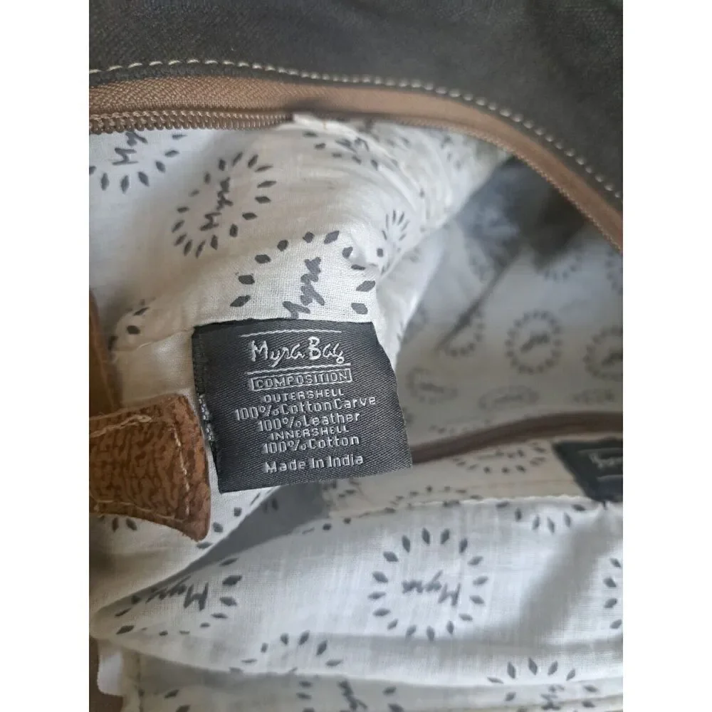 Myra Womens Grizzle Cowhide Upcycled Canvas Leather Gray Backpack Patchwork